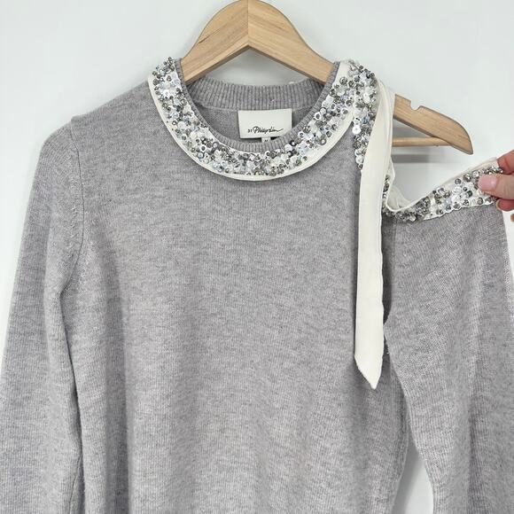 3.1 Phillip Lim Beaded Sequin Sweater Cut Out Crew Neck Yak Cashmere Wool Blend - Picture 8 of 13